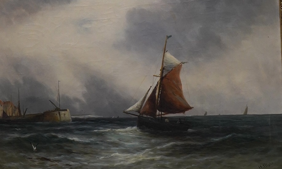 H Blake, pair of oils on canvas, Shipping scenes, each signed, 40 x 59cm, ornate gilt framed. Condition - fair